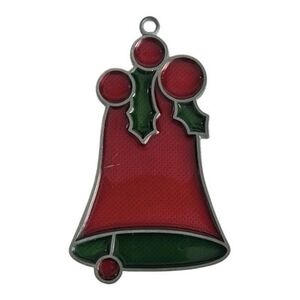 Antique Red Green Glass Holly Bells Silver Framed Christmas Ornament Suncatcher